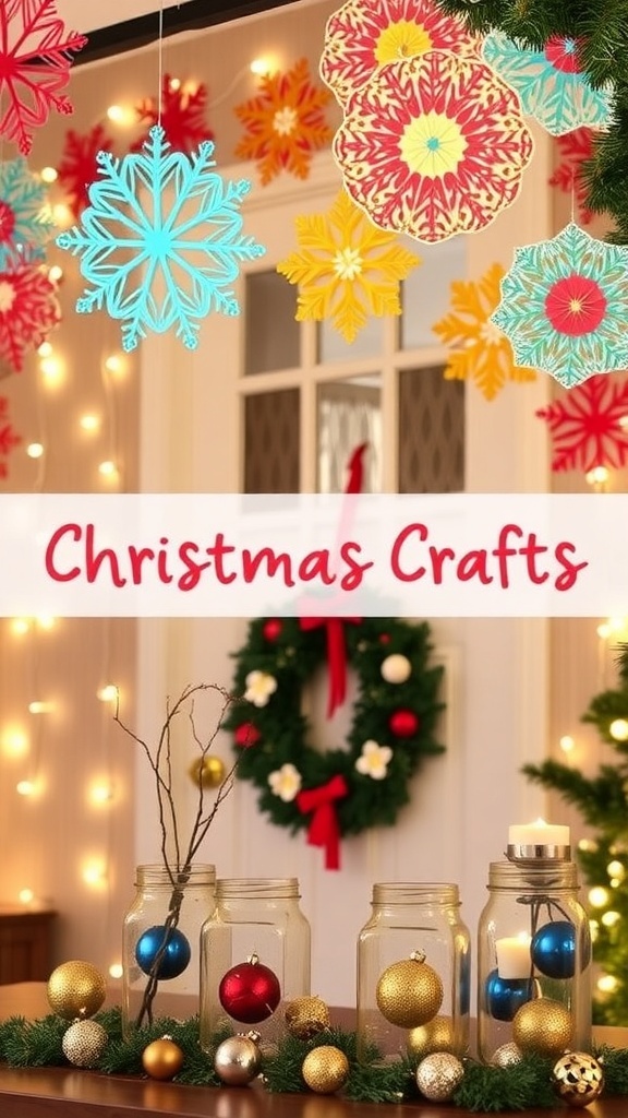 A collection of DIY Christmas decor including paper snowflakes, a wreath, and mason jar centerpieces.